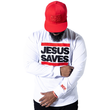 Jesus Saves White Long Sleeve Distressed Embroidery