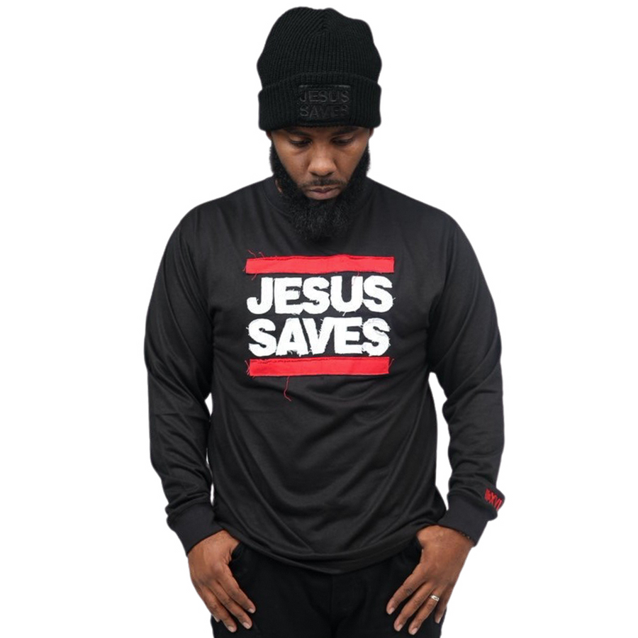 Jesus Saves Long Sleeve Distressed Embroidered