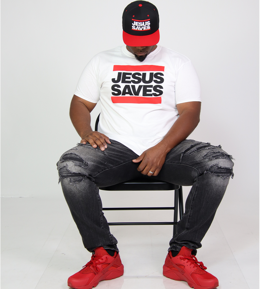 JESUS SAVES SNAPBACK BLACK & RED  W/REMOVABLE TELL THE WORLD HAT CHAIN